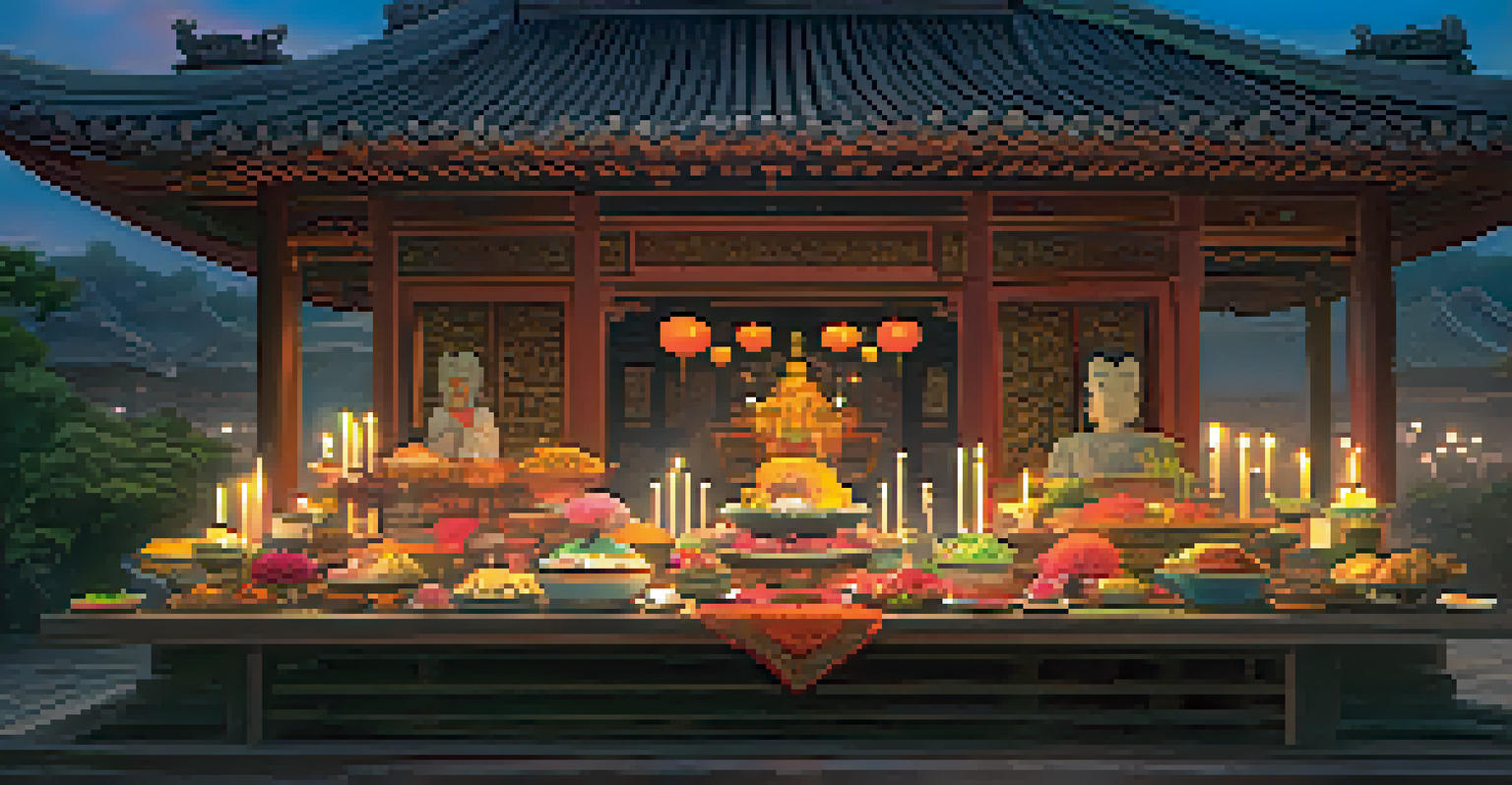 An outdoor altar during the Ghost Festival showcasing vegetarian offerings, with candles and flowers creating a serene and respectful atmosphere.