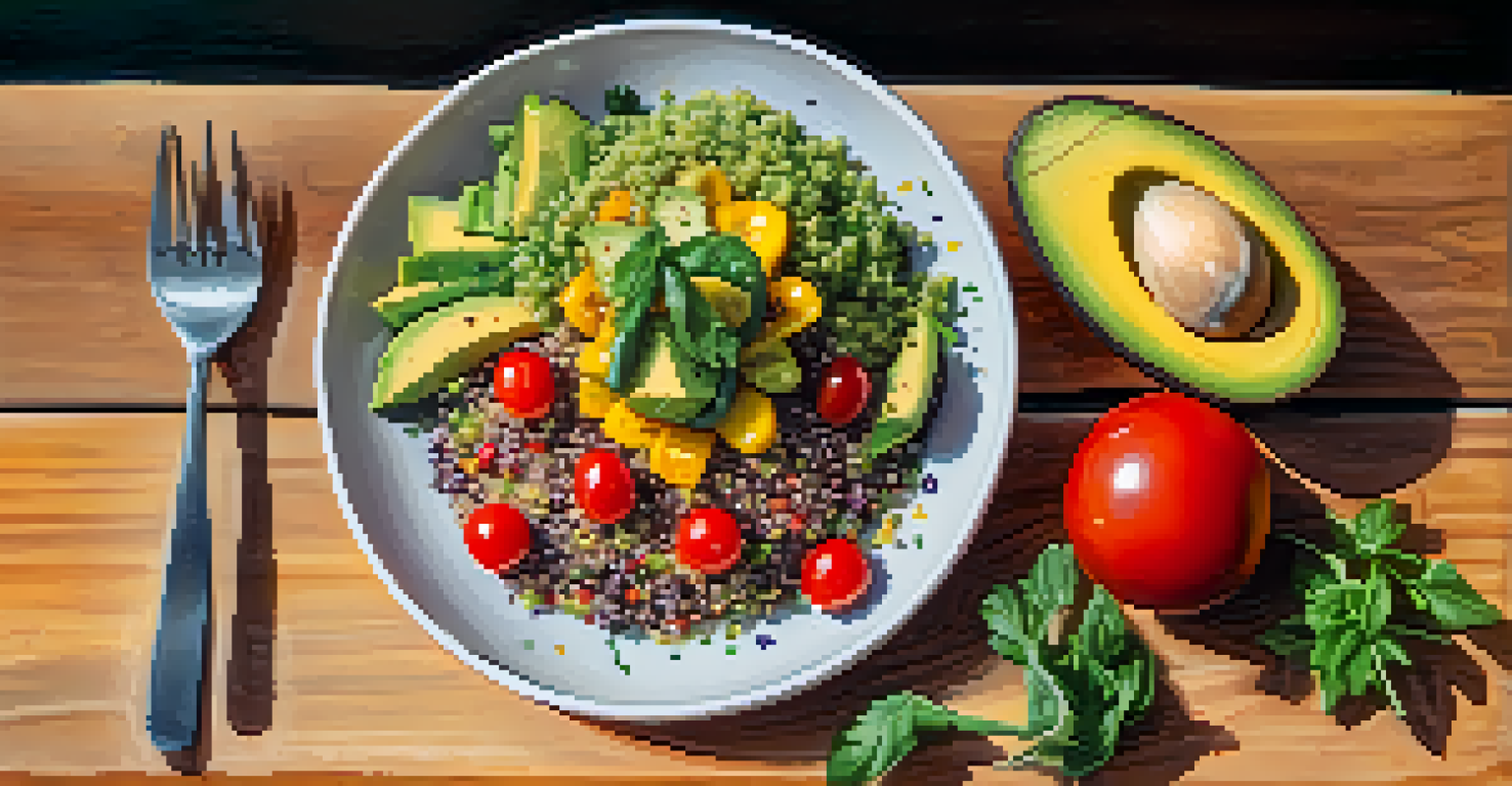 A colorful vegetarian dish with quinoa, avocados, and cherry tomatoes beautifully arranged on a wooden table.