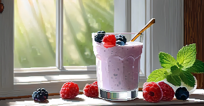 A glass of creamy kefir with fresh berries on a wooden table, bathed in soft sunlight.