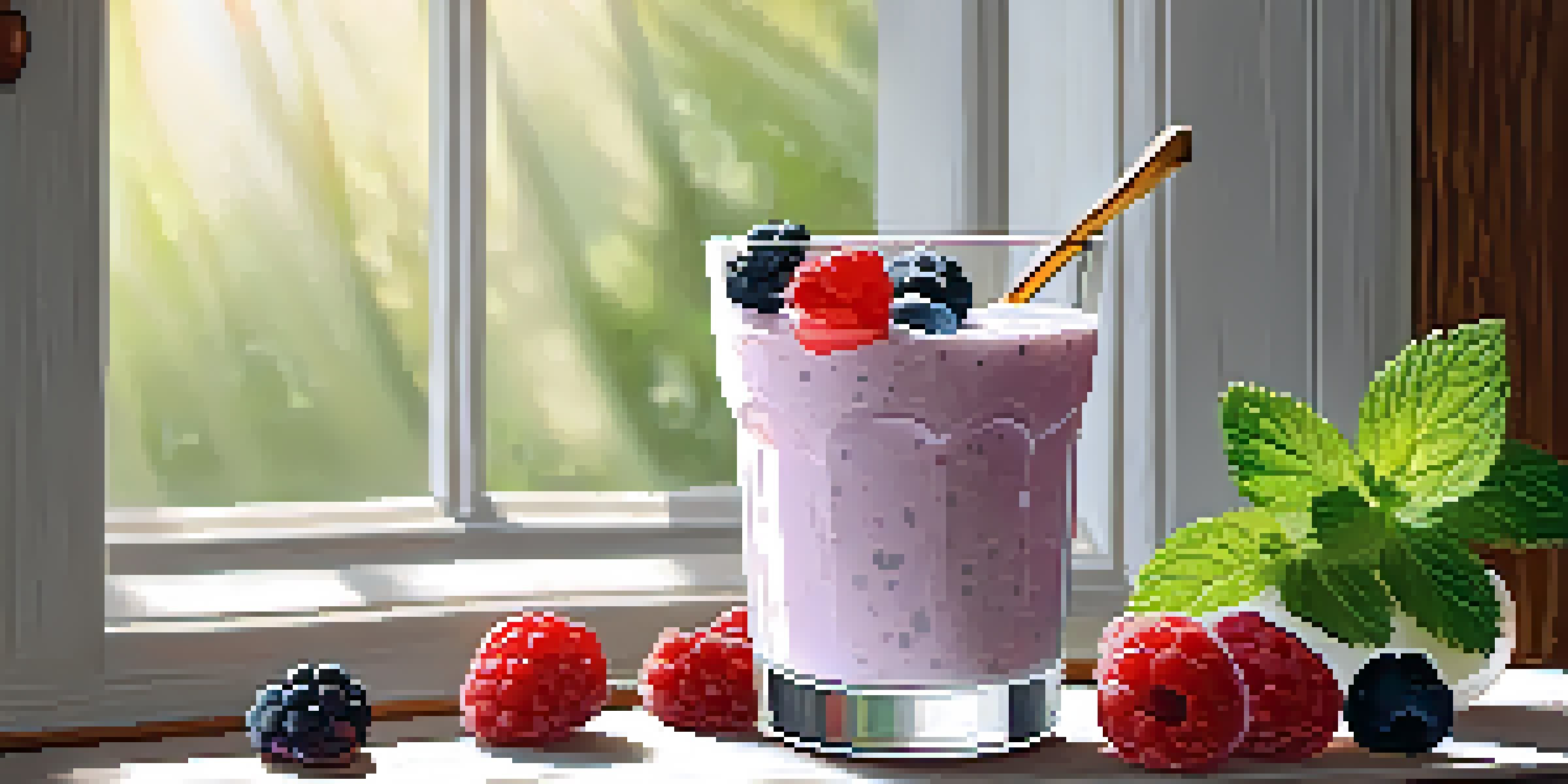 A glass of creamy kefir with fresh berries on a wooden table, bathed in soft sunlight.