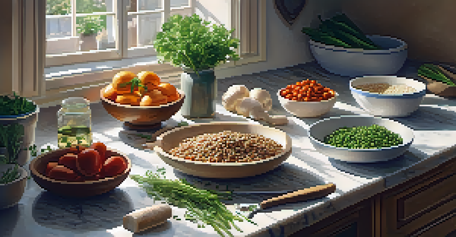 A kitchen countertop with ingredients for a vegetarian meal, including legumes and fresh vegetables, bathed in warm sunlight.