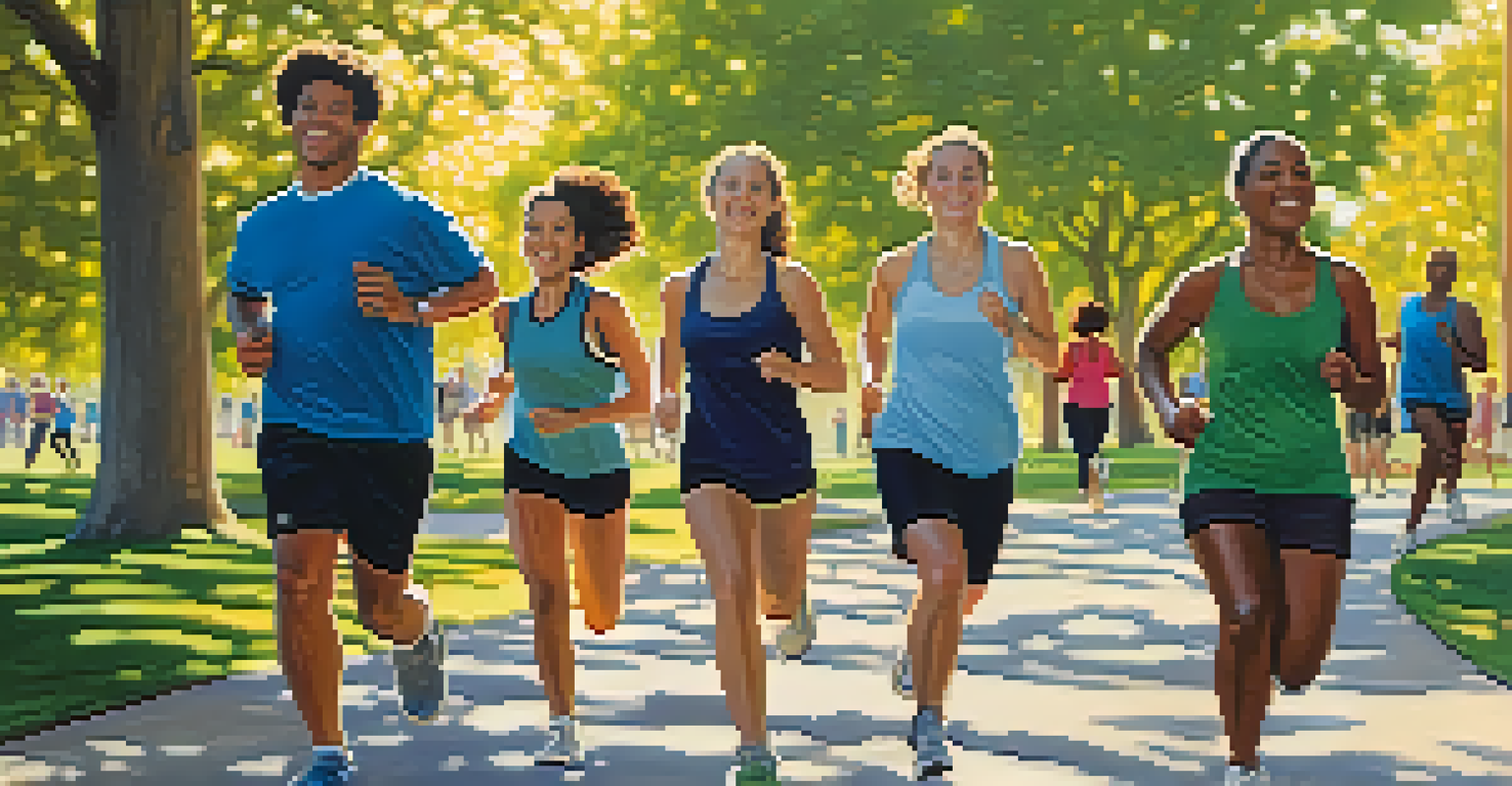 A diverse group of people exercising outdoors in a park, jogging and dancing under sunlight, surrounded by green trees and a clear blue sky.
