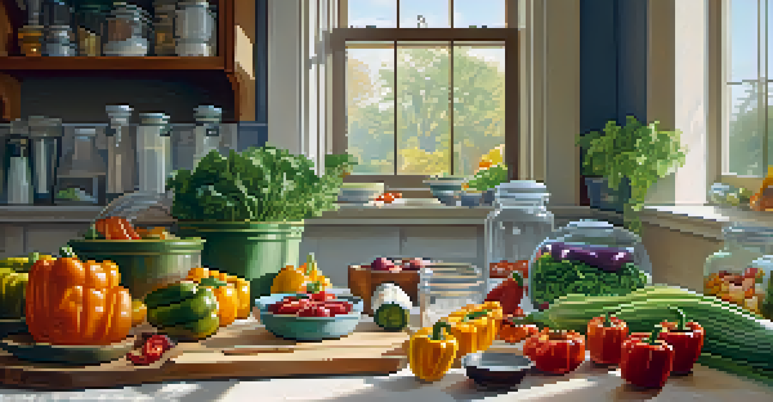 A cozy kitchen with a person preparing seasonal ingredients for meal prepping, surrounded by colorful chopped vegetables and containers in natural light.