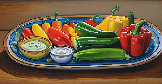 A colorful roasted vegetable platter with seasonal veggies arranged in a rainbow pattern, accompanied by bowls of hummus and tzatziki.