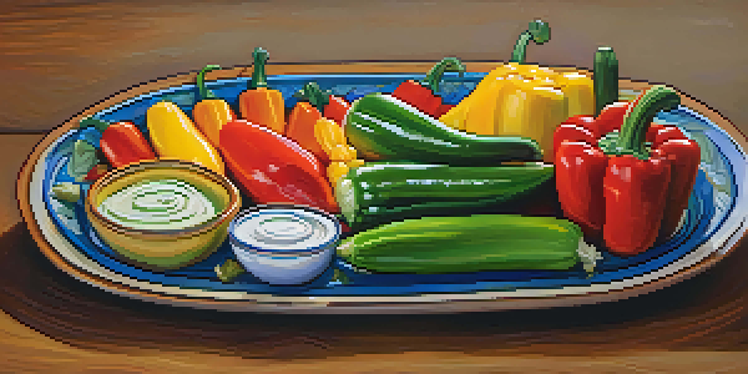 A colorful roasted vegetable platter with seasonal veggies arranged in a rainbow pattern, accompanied by bowls of hummus and tzatziki.