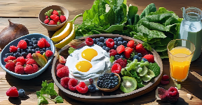 A colorful vegetarian meal on a wooden table featuring leafy greens, berries, and whole grains, with yogurt and water, beautifully arranged.