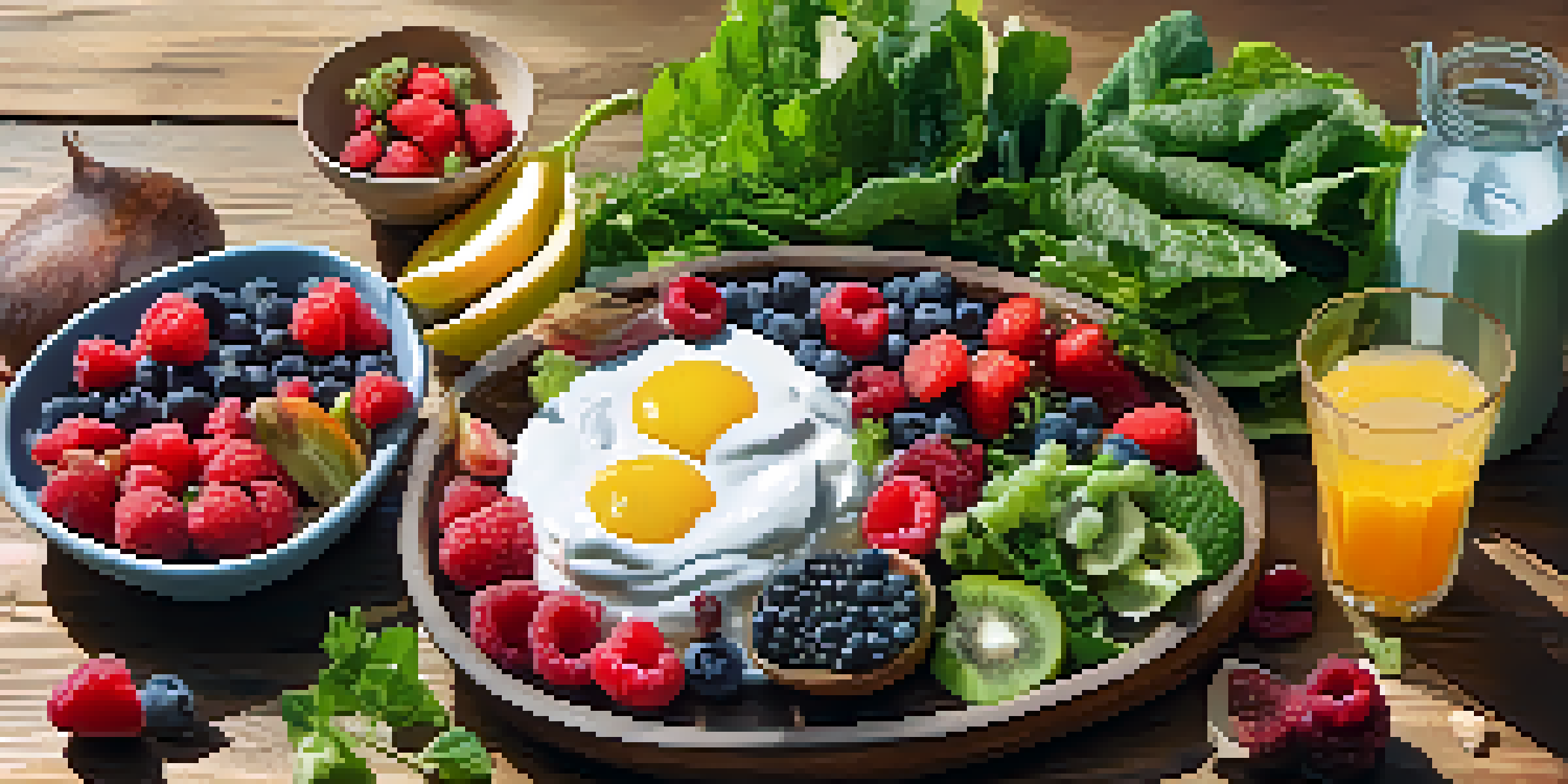 A colorful vegetarian meal on a wooden table featuring leafy greens, berries, and whole grains, with yogurt and water, beautifully arranged.