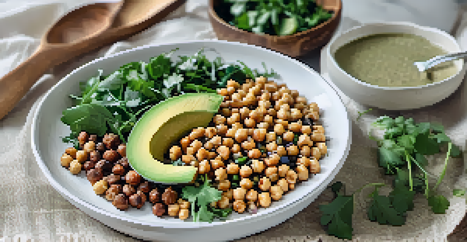 A vegetarian grain bowl filled with sorghum, chickpeas, avocado, and tahini dressing, presented on a linen napkin with a fork.