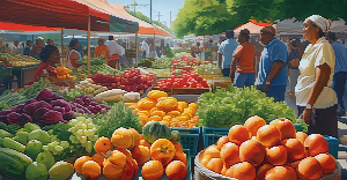 A lively market showcasing a variety of colorful fruits and vegetables, with people happily interacting and sharing recipes.