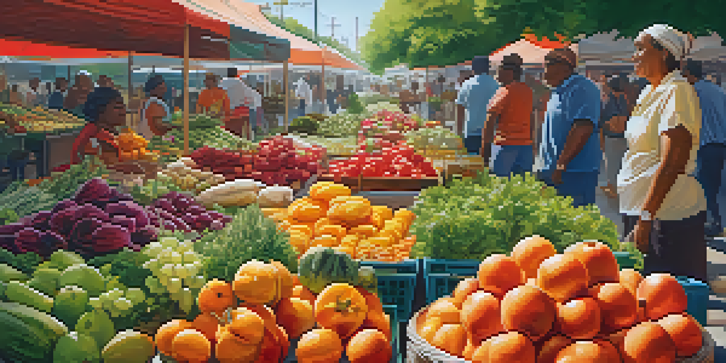 A lively market showcasing a variety of colorful fruits and vegetables, with people happily interacting and sharing recipes.