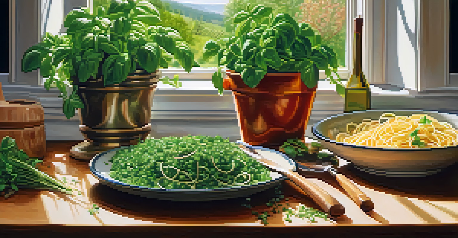 A hand sprinkling fresh herbs over a plate of pasta in a bright kitchen, with sunlight illuminating the scene.