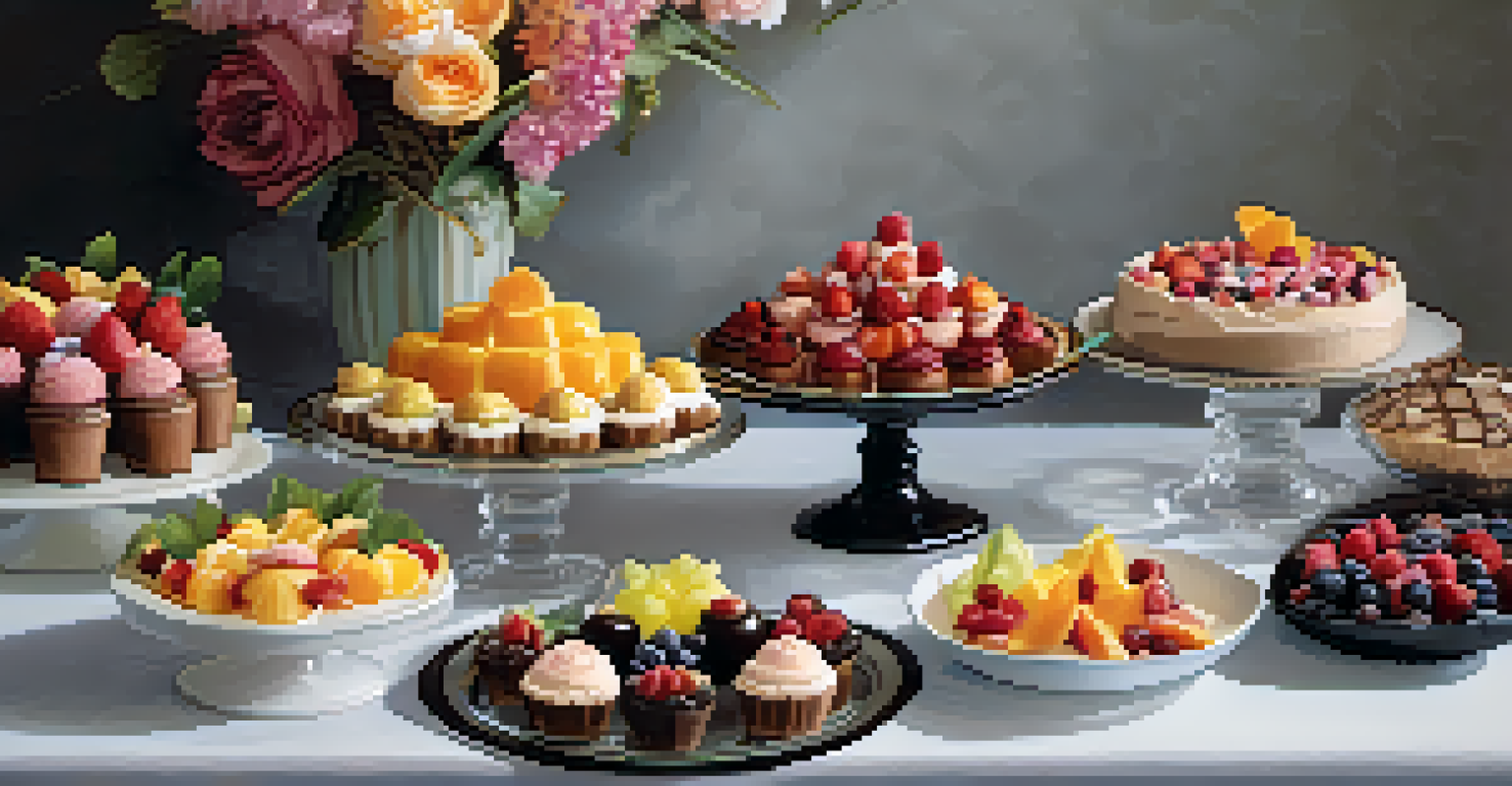 A dessert buffet with an assortment of sweets, beautifully arranged with decorative elements, inviting guests to indulge.