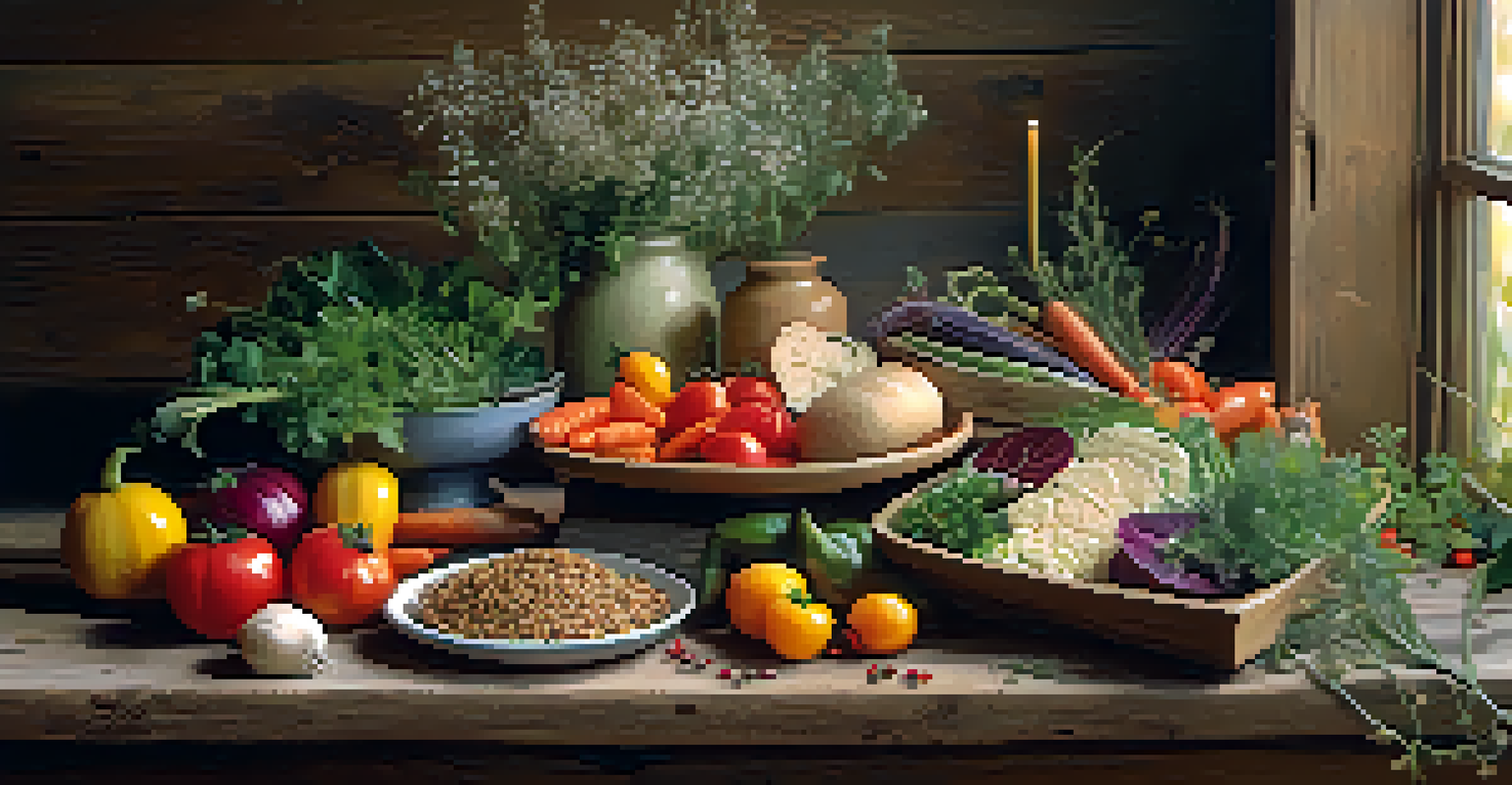 A beautifully arranged seasonal vegetarian meal with colorful vegetables and grains on a wooden table, illuminated by soft natural light.