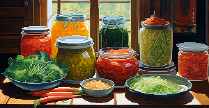 A wooden table adorned with various fermented plant-based foods, including kimchi, sauerkraut, tempeh, and miso soup, illuminated by warm sunlight.