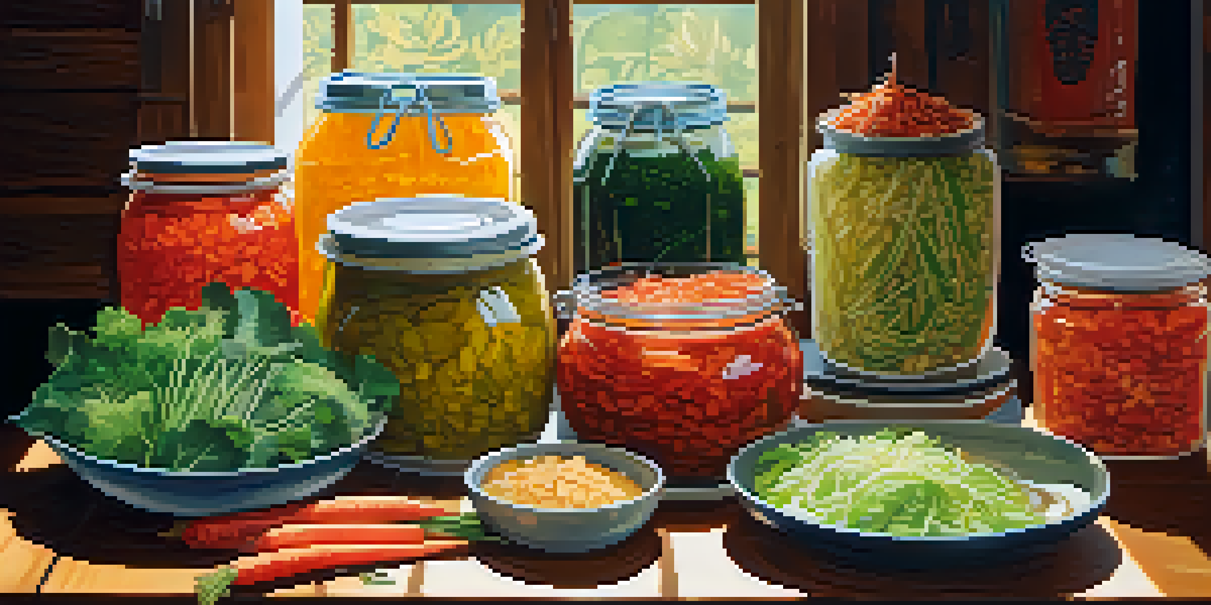 A wooden table adorned with various fermented plant-based foods, including kimchi, sauerkraut, tempeh, and miso soup, illuminated by warm sunlight.