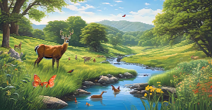 A vibrant green landscape with various wildlife and a clear blue sky, showcasing a healthy ecosystem.