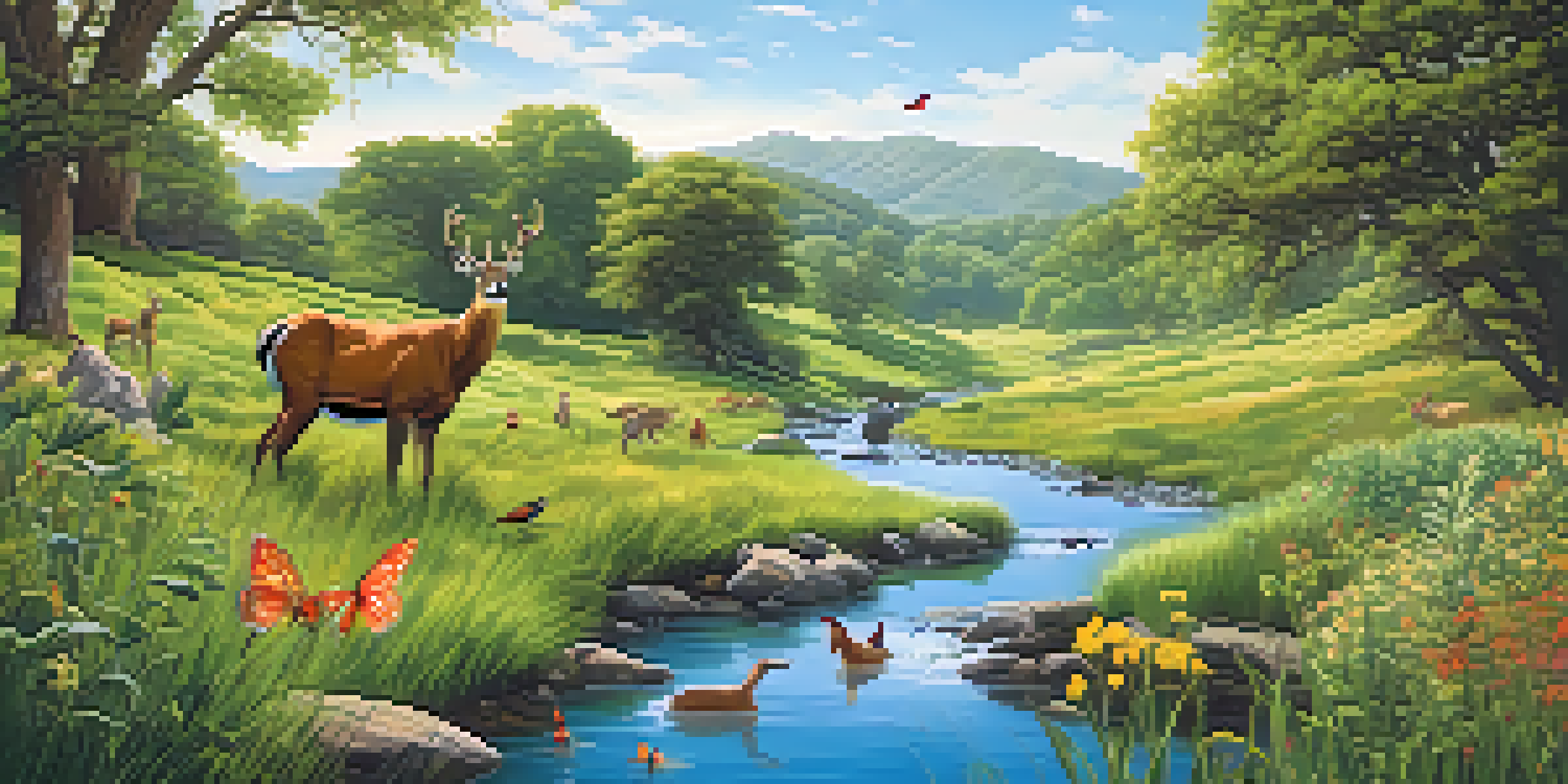 A vibrant green landscape with various wildlife and a clear blue sky, showcasing a healthy ecosystem.