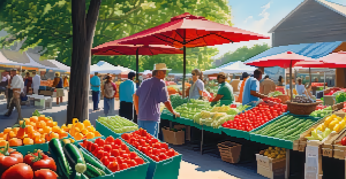 A bustling farmer's market filled with colorful fruits and vegetables, with shoppers and vendors engaging in a lively atmosphere.