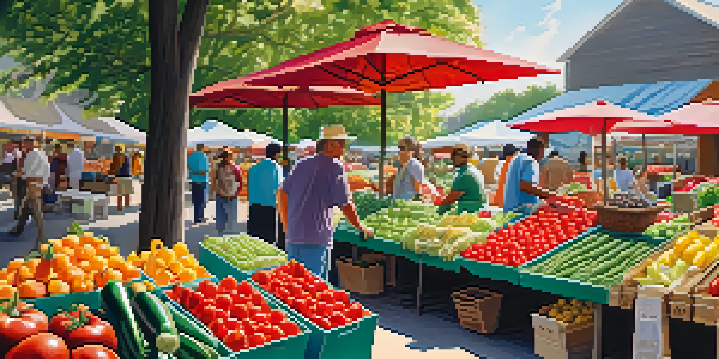 A bustling farmer's market filled with colorful fruits and vegetables, with shoppers and vendors engaging in a lively atmosphere.