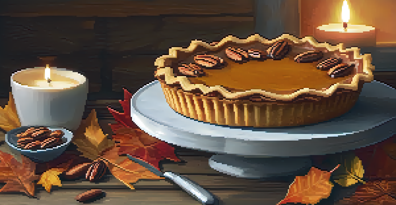 A vegan pumpkin pie with a golden crust and pecan topping, surrounded by autumn leaves and candlelight.