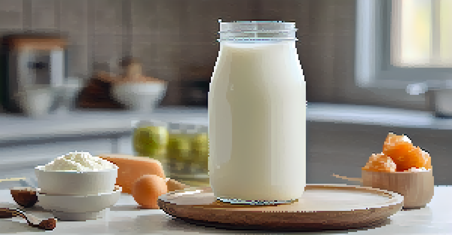 A close-up of a glass of kefir on a pastel kitchen countertop, with jars of yogurt and miso in the background.