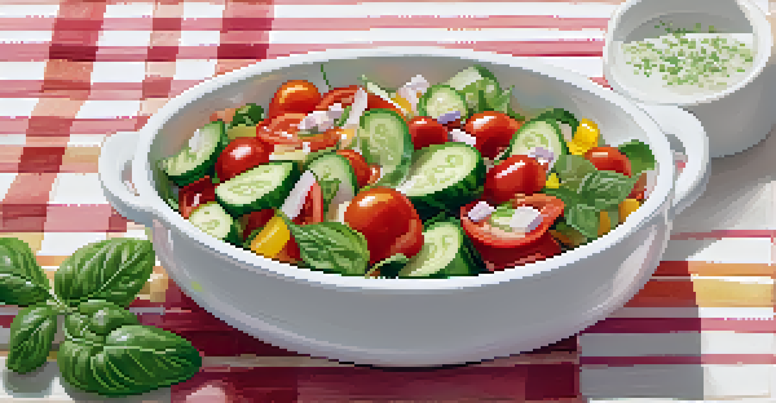 A fresh salad with cucumbers, cherry tomatoes, and bell peppers, garnished with basil leaves, in a white bowl on a light-colored tablecloth.