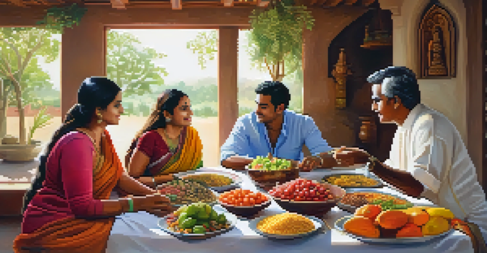 A Hindu family sharing a vegetarian meal with fresh fruits and vegetables in a warm, inviting dining room.
