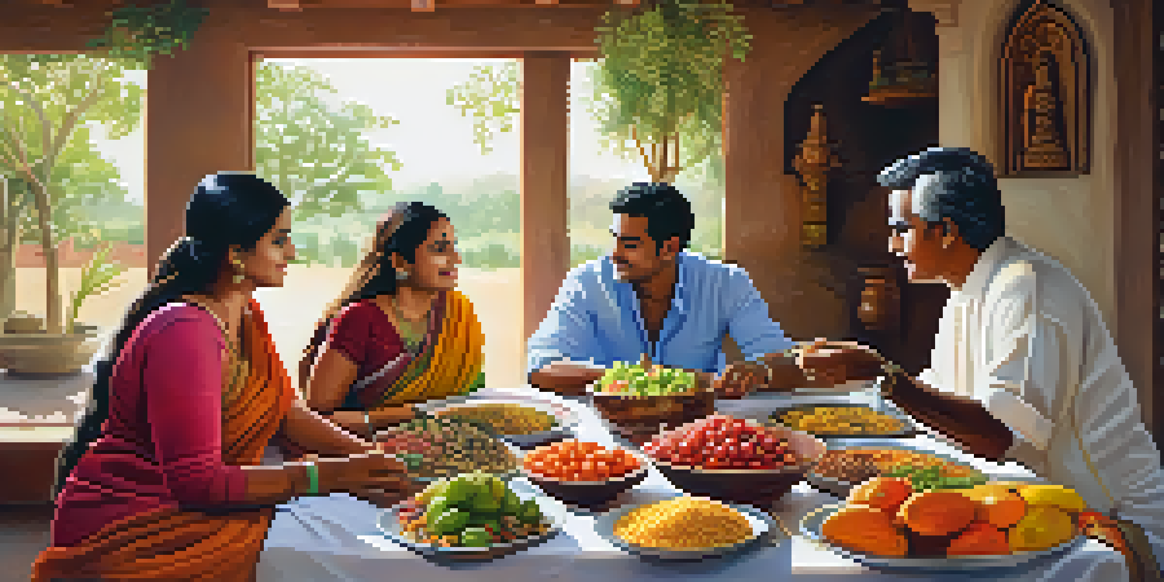 A Hindu family sharing a vegetarian meal with fresh fruits and vegetables in a warm, inviting dining room.