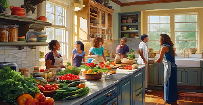 A diverse group of people cooking together in a bright kitchen filled with fresh vegetables and fruits, enjoying the process.