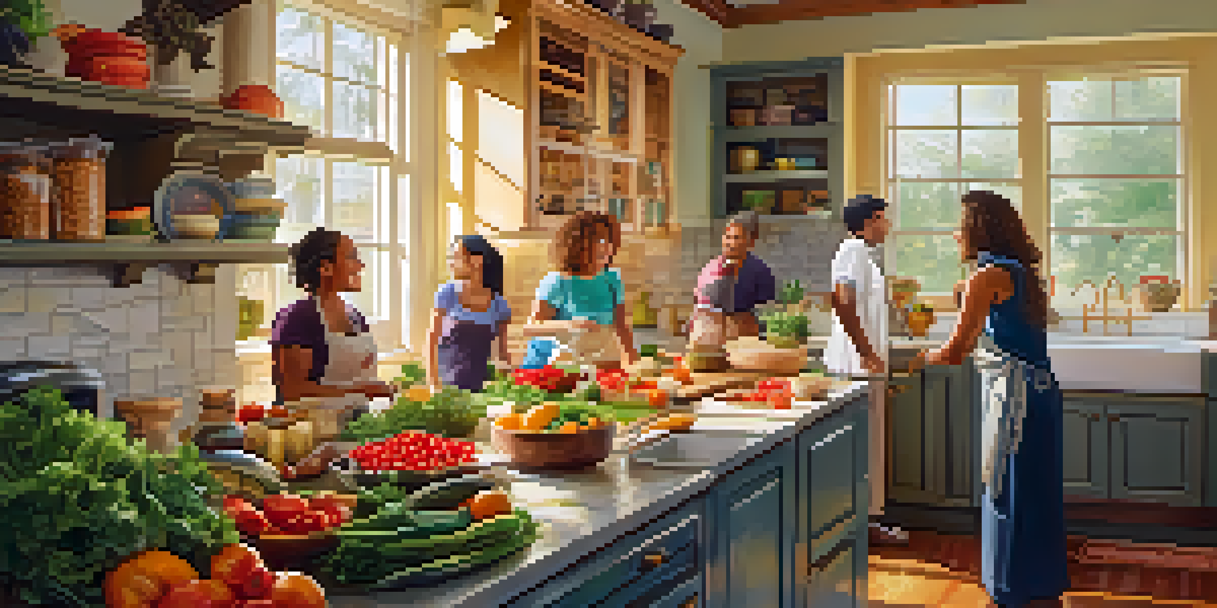 A diverse group of people cooking together in a bright kitchen filled with fresh vegetables and fruits, enjoying the process.