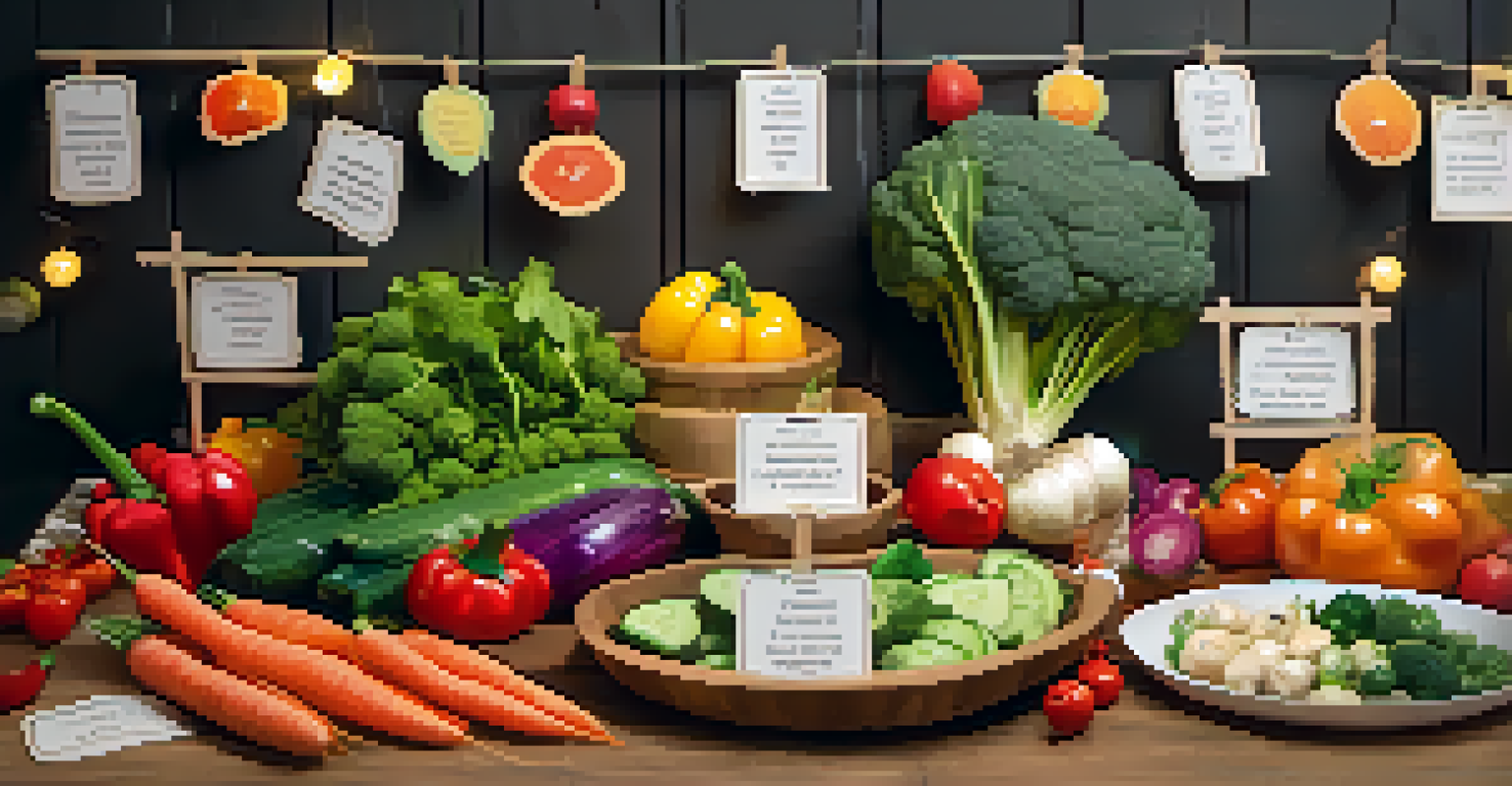 A colorful array of vegetables on a wooden table for a family tasting night, with playful labels and a fun rating chart.