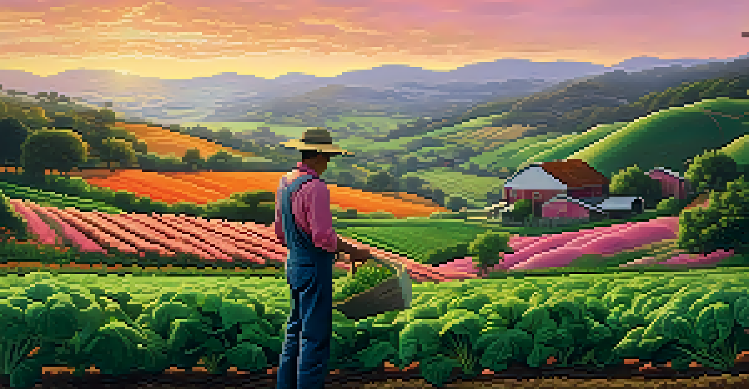 A picturesque farm landscape with a farmer tending to a vegetable garden during sunset, showcasing rolling hills and vibrant colors.