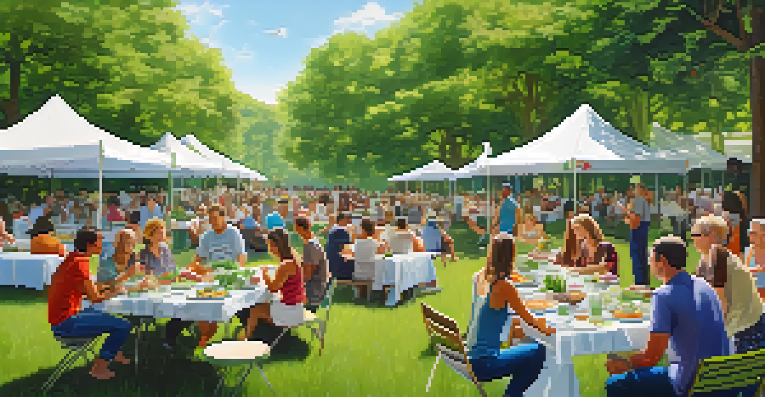 A group of people enjoying a plant-based picnic in a park with a marine conservation banner.