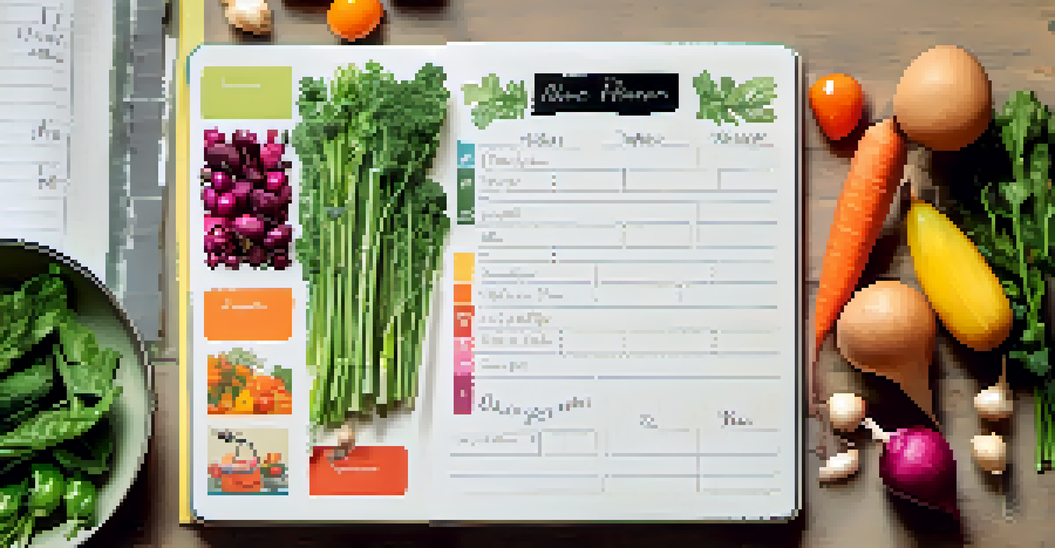 An overhead view of a meal planner surrounded by fresh seasonal vegetables, highlighting colorful recipes and grocery lists.