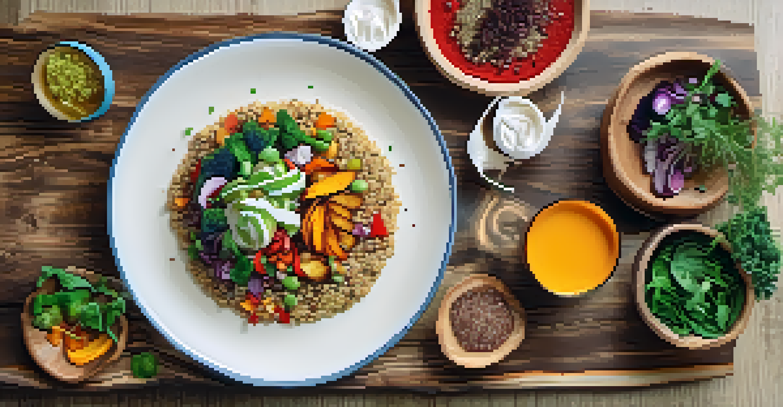 An overhead view of a colorful plant-based meal on a rustic table, showcasing a variety of healthy ingredients.