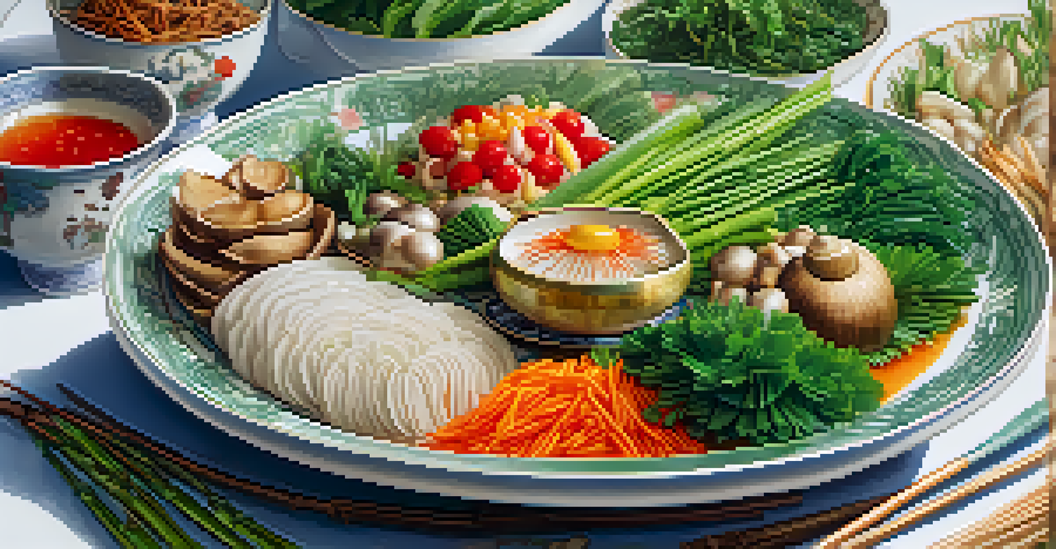 A close-up of a plate featuring colorful vegetarian dishes prepared for the Qingming Festival, emphasizing the vibrant textures and colors of the ingredients.