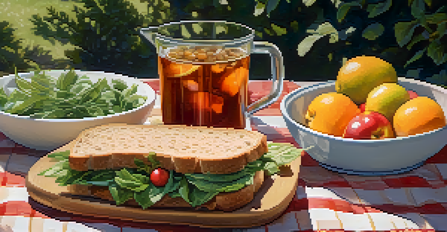 An outdoor picnic spread with chickpea salad sandwich, fruit, and tea on a checkered blanket under sunlight.