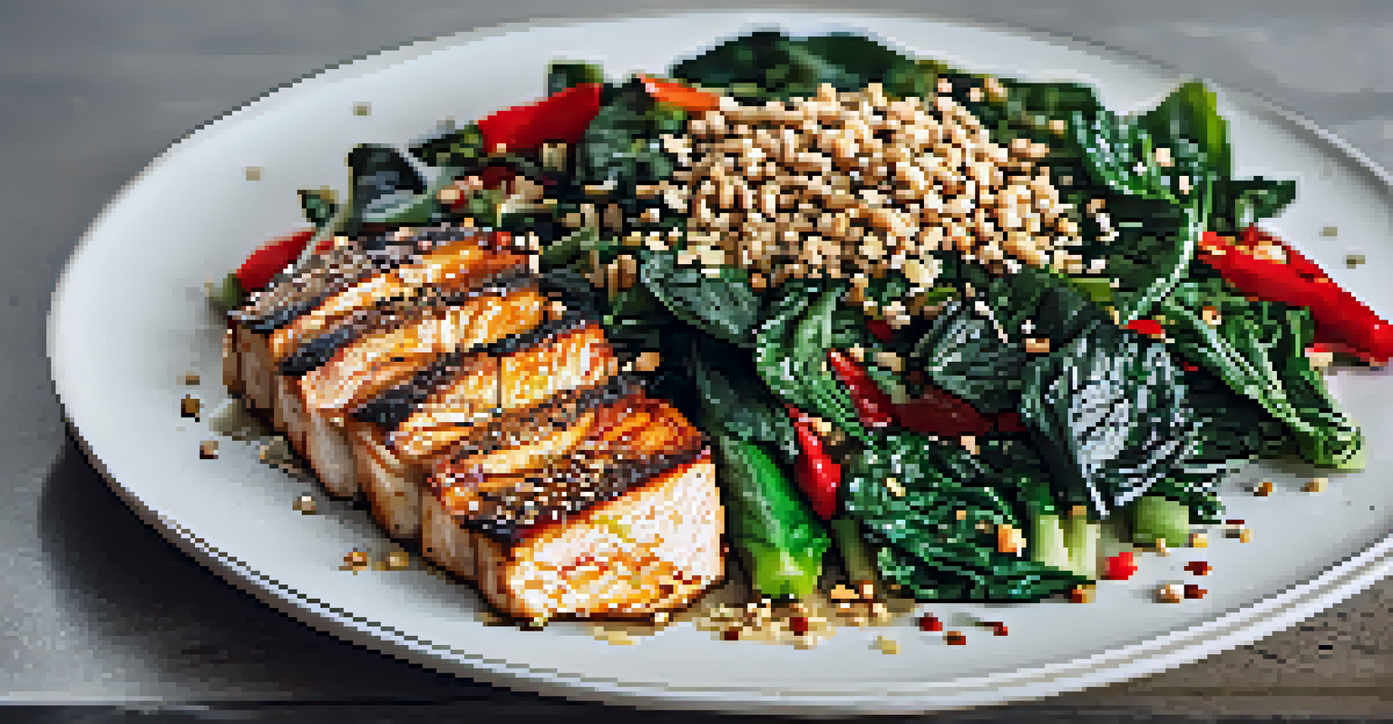 A plate of sautéed Swiss chard and bok choy with grilled chicken, garnished with sesame seeds, beside roasted bell peppers.