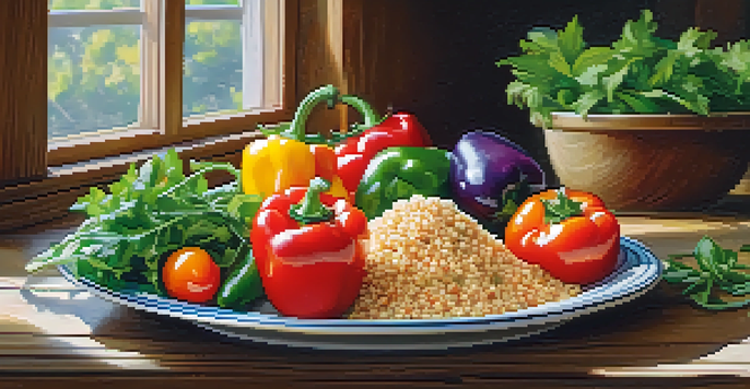 A beautifully arranged plate of colorful vegetarian food including fresh vegetables and quinoa, with natural sunlight illuminating the scene.