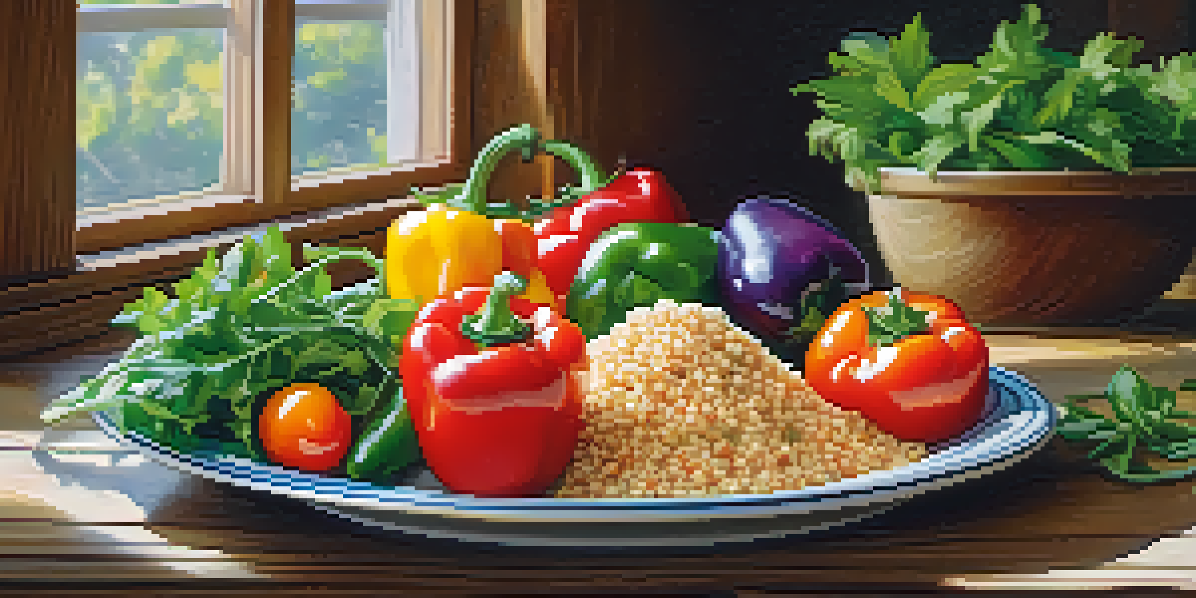 A beautifully arranged plate of colorful vegetarian food including fresh vegetables and quinoa, with natural sunlight illuminating the scene.