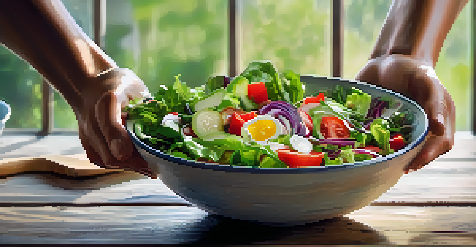 A close-up of hands holding a bowl filled with a colorful salad, with a rustic wooden table and natural light in the background.