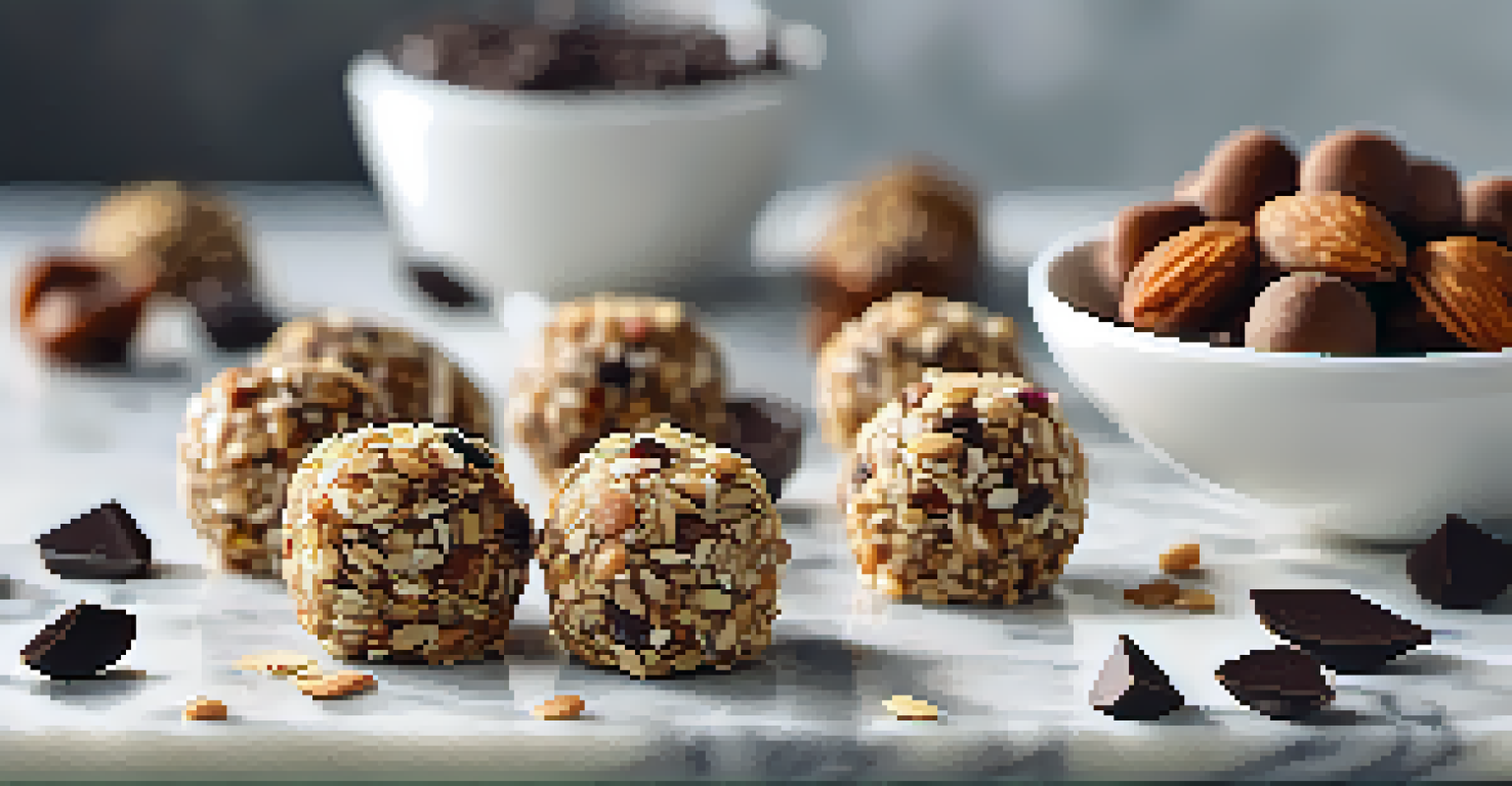 Close-up of homemade energy bites on a marble countertop, featuring coconut flakes and chocolate chips in the background, with soft lighting.