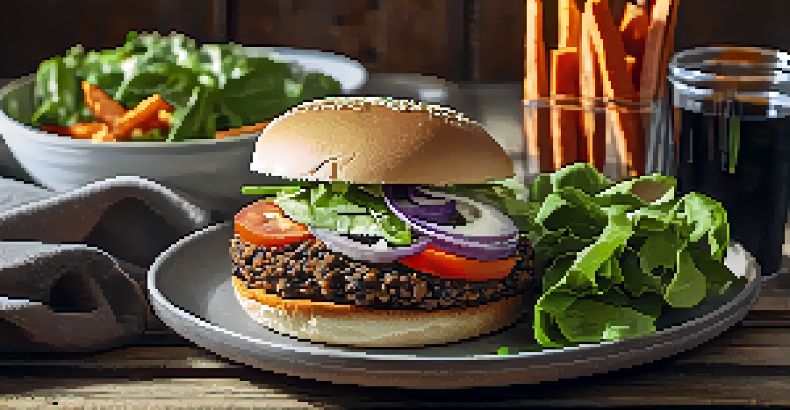 A delicious plate of homemade veggie burgers with sweet potato fries, garnished with lettuce and tomato, displayed on a rustic wooden table.