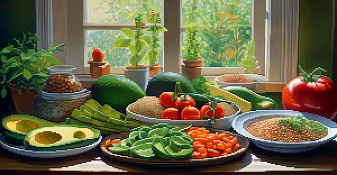 A colorful vegan meal spread including fresh vegetables, legumes, and grains, illuminated by sunlight.