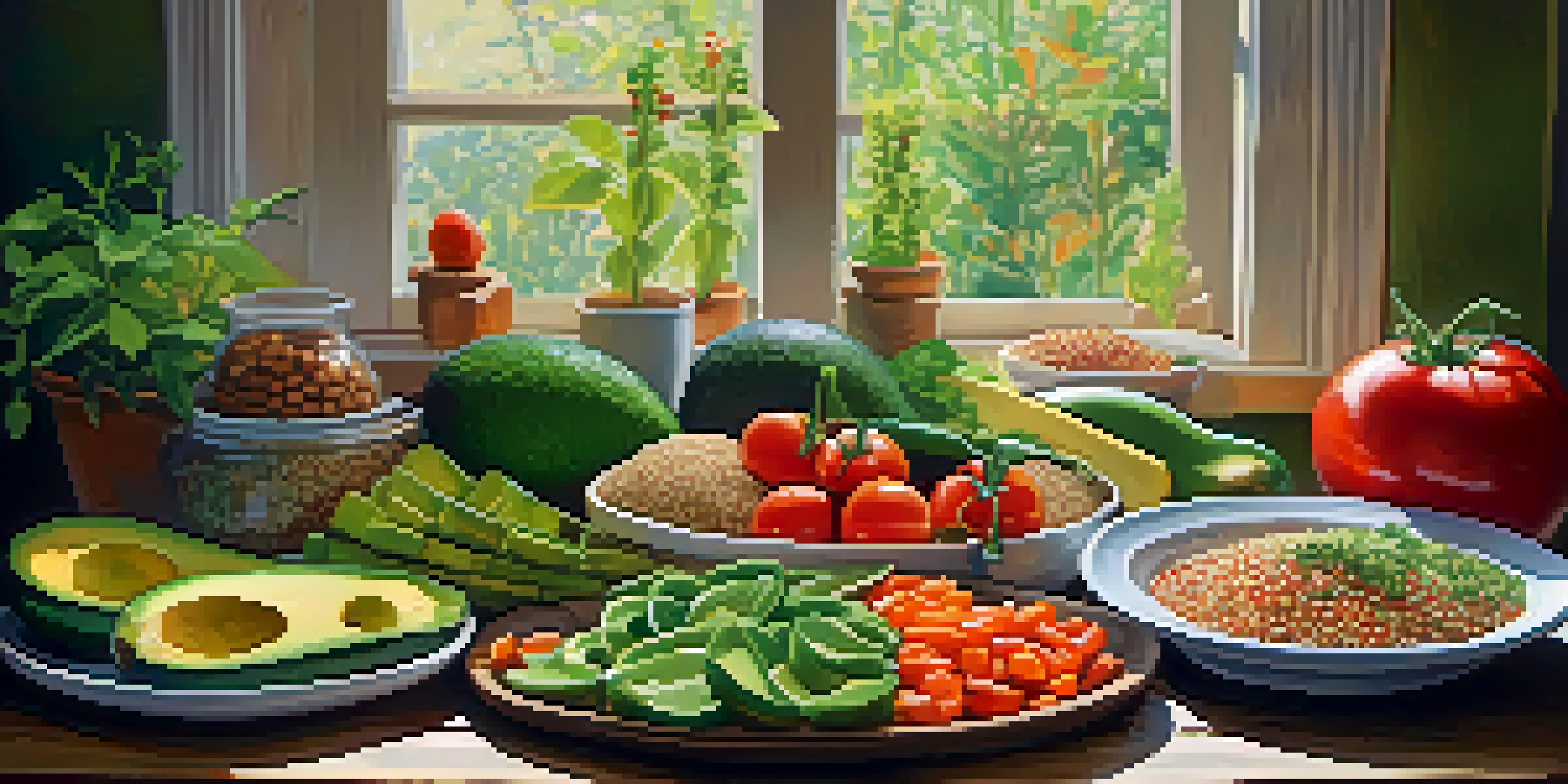A colorful vegan meal spread including fresh vegetables, legumes, and grains, illuminated by sunlight.