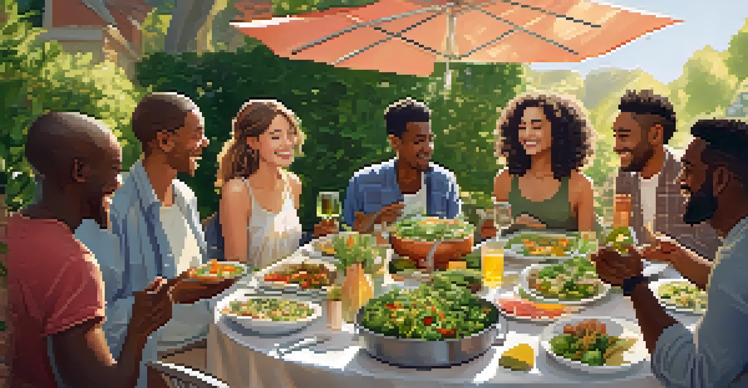 A diverse group of friends enjoying a vegetarian potluck in a garden, sharing dishes and smiling under soft sunlight.