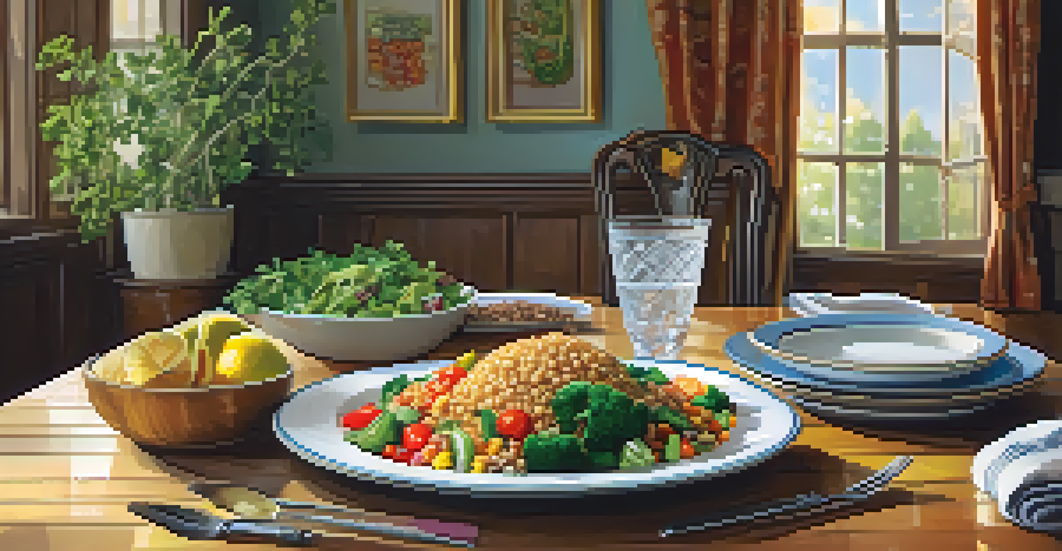 A beautifully arranged vegetarian meal on a dining table, combining convenience food with fresh vegetables, illuminated by warm lighting.