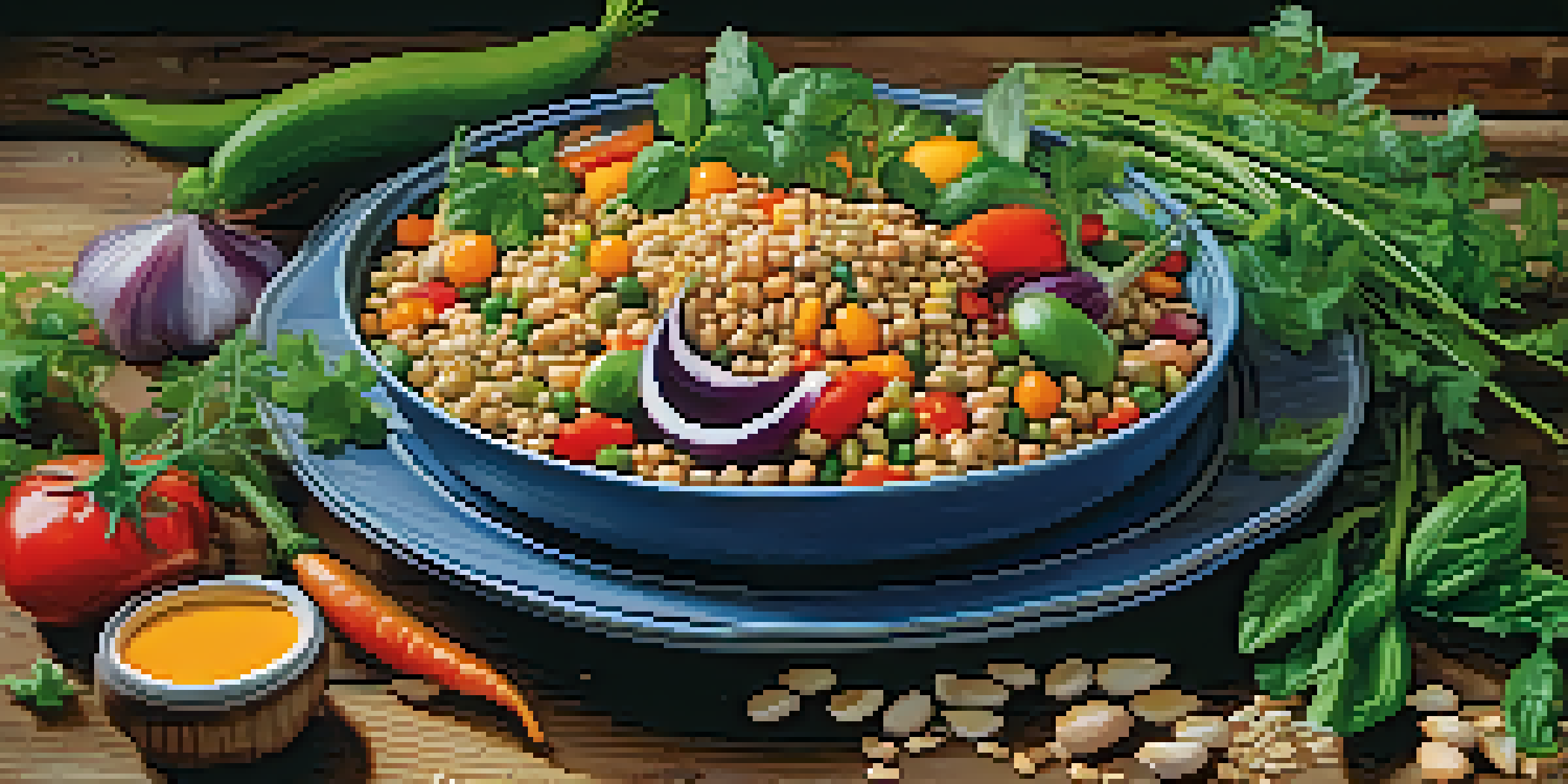A colorful vegetarian meal including vegetables and grains on a wooden table under soft lighting.