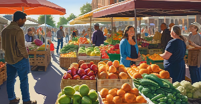 A lively farmer's market with colorful fruits and vegetables, sunlight illuminating the scene, and people engaging with each other.