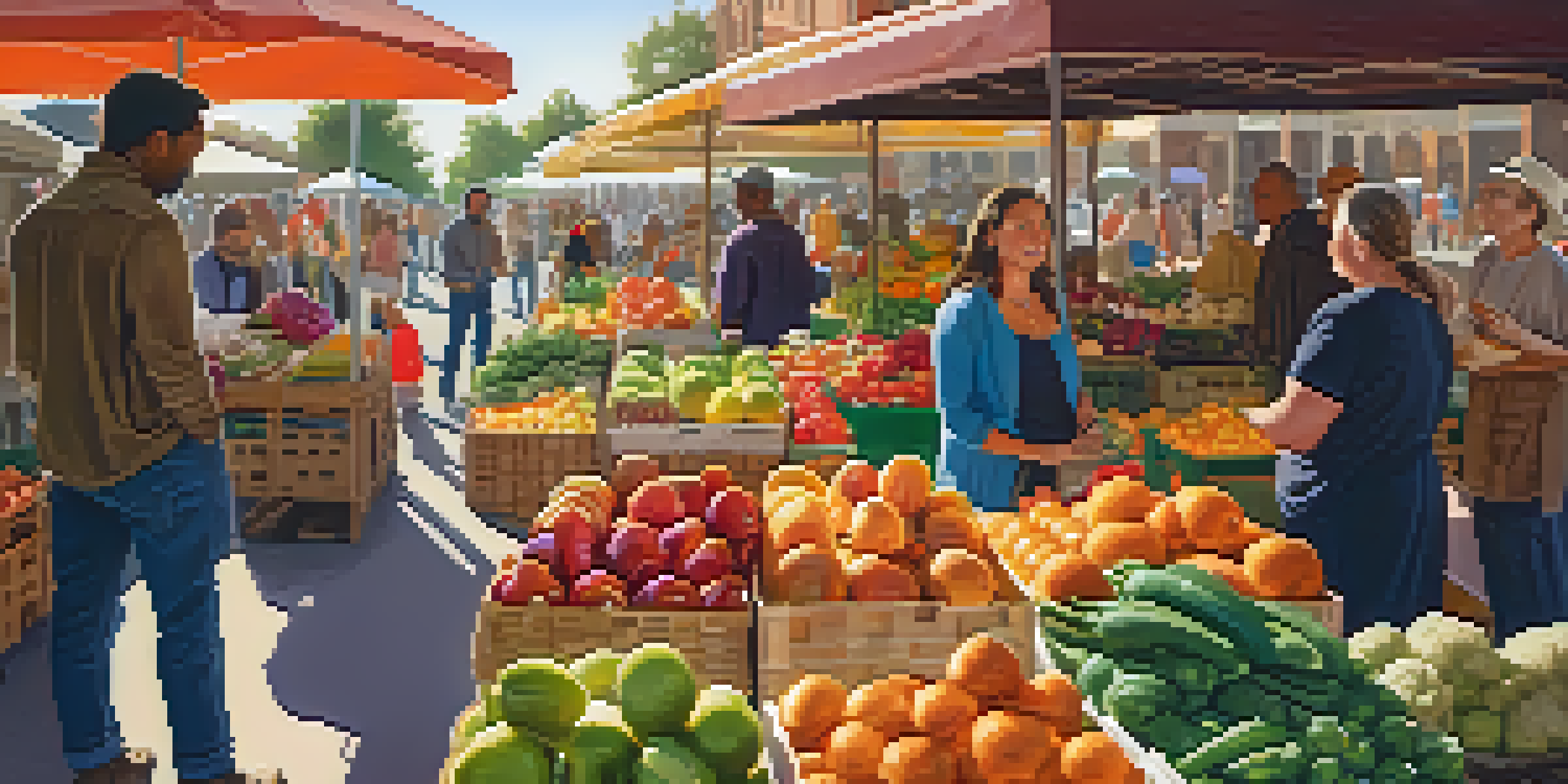 A lively farmer's market with colorful fruits and vegetables, sunlight illuminating the scene, and people engaging with each other.